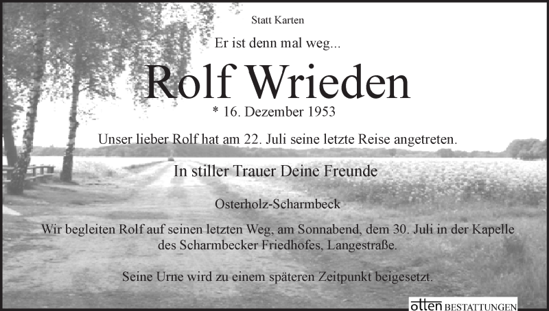 Traueranzeige von Rolf Wrieden von Osterholzer Kreisblatt