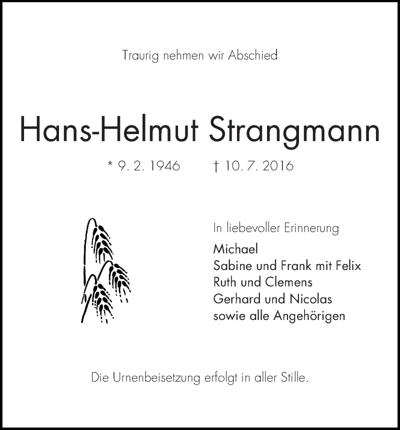 Traueranzeige von Hans-Helmut Strangmann von WESER-KURIER