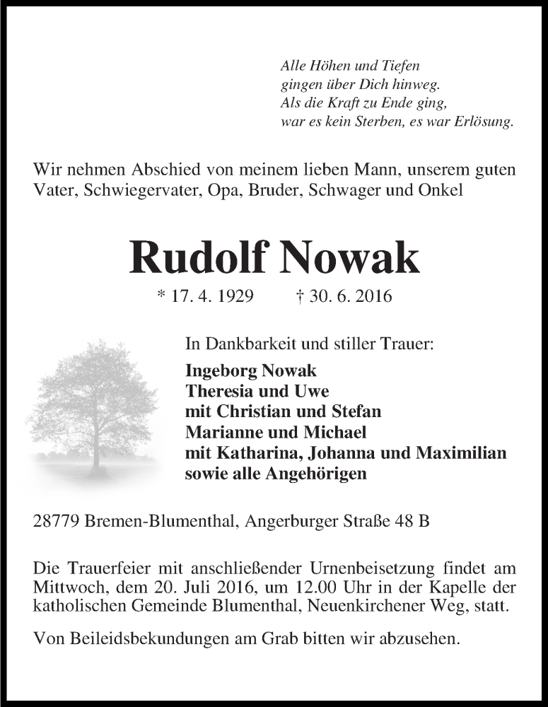 Traueranzeige von Rudolf Nowak von Die Norddeutsche