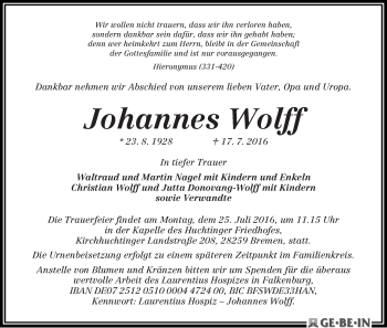 Traueranzeige von Johannes Wolff
