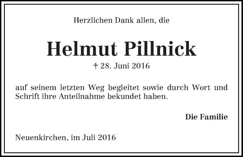 Traueranzeige von Helmut Pillnick von Die Norddeutsche