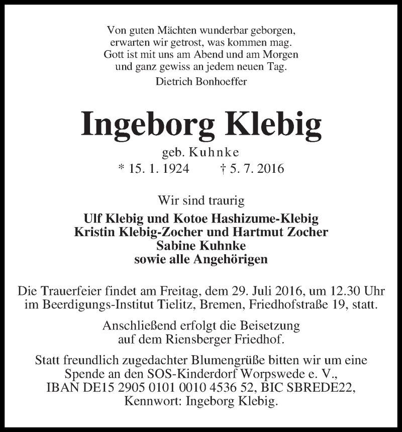 Traueranzeige von Ingeborg Klebig von WESER-KURIER