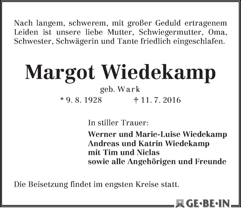 Traueranzeige von Margot Wiedekamp von WESER-KURIER
