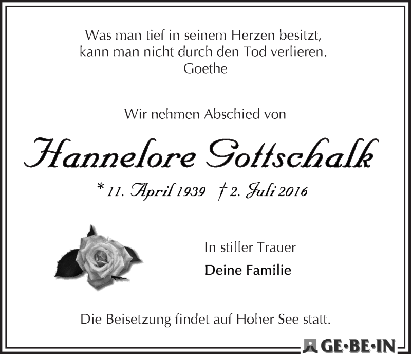 Traueranzeige von Hannelore Gottschalk von WESER-KURIER