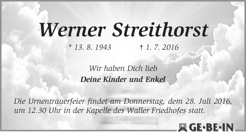 Traueranzeige von Werner Streithorst von WESER-KURIER