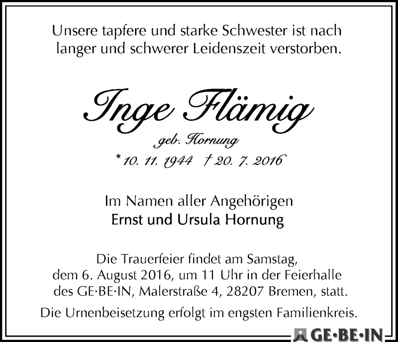 Traueranzeige von Inge Flämig von WESER-KURIER