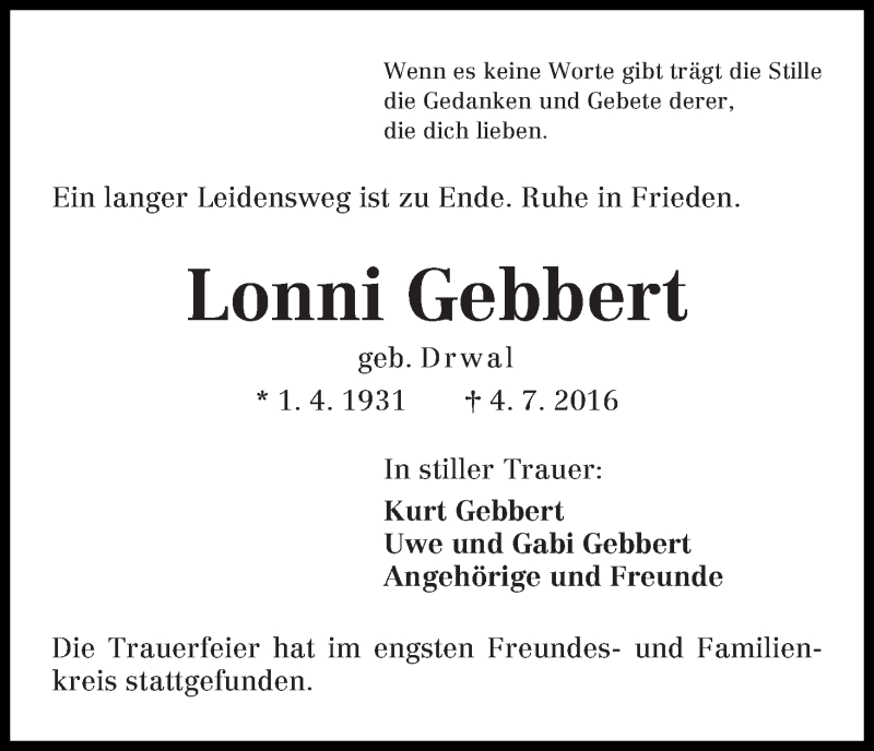 Traueranzeige von Lonni Gebbert von WESER-KURIER