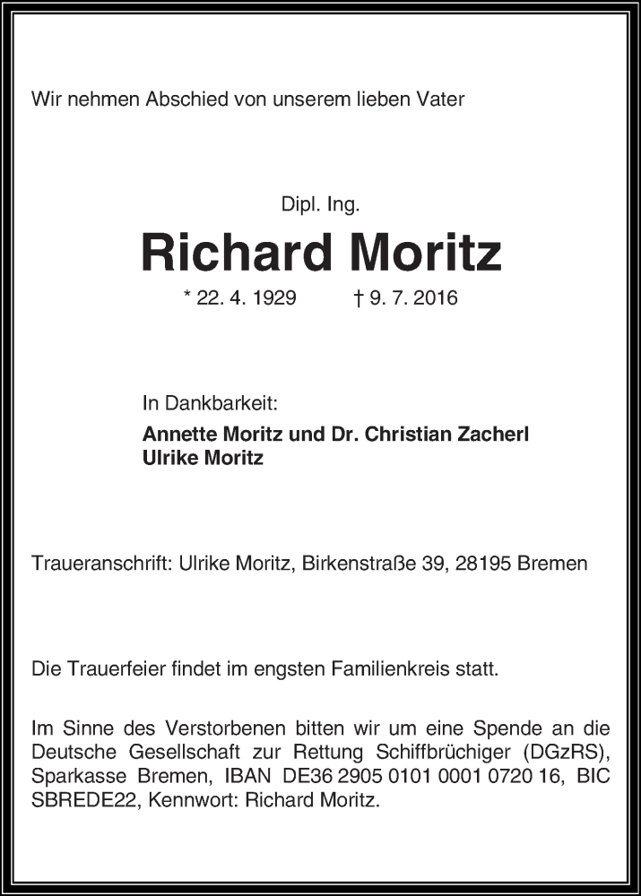 Traueranzeige von Richard Moritz von WESER-KURIER
