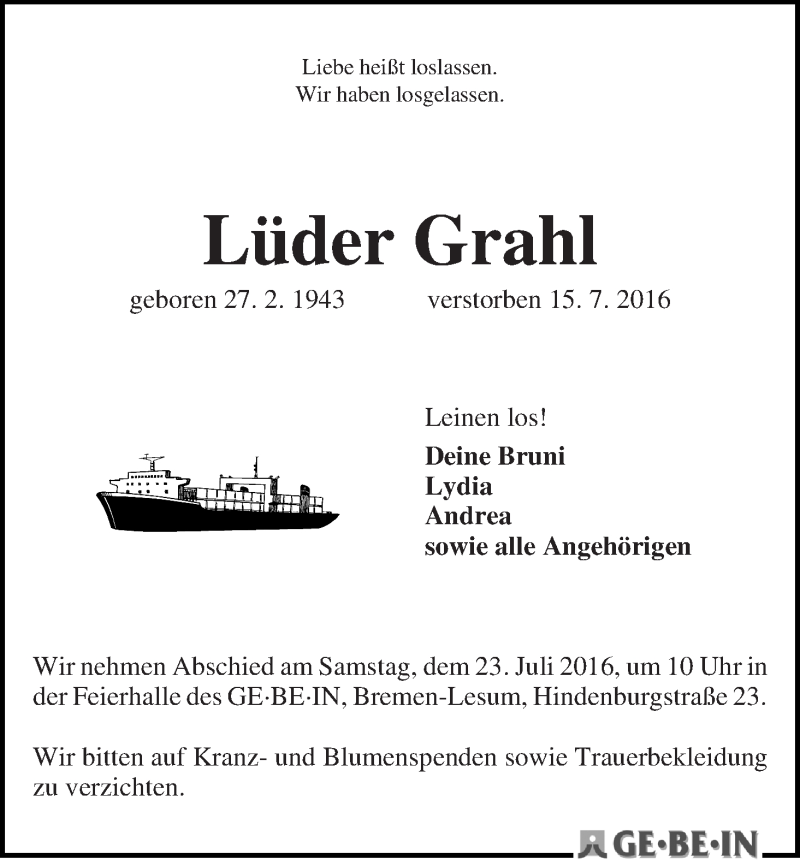 Traueranzeige von Lüder Grahl von Die Norddeutsche