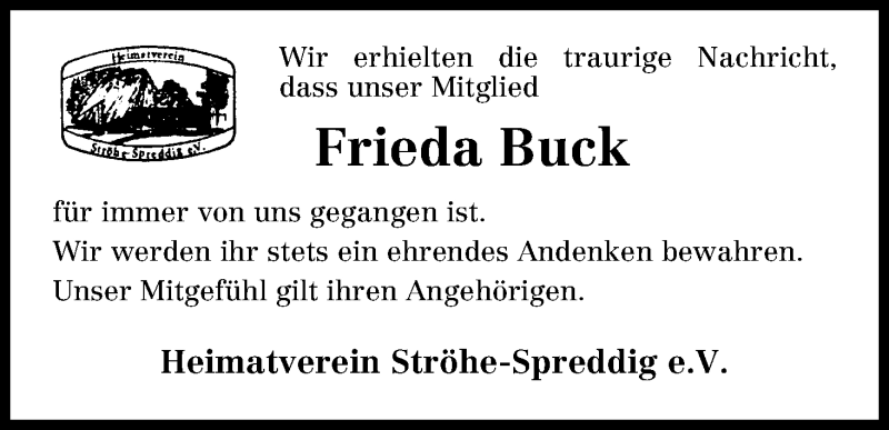 Traueranzeige von Frieda Buck von Osterholzer Kreisblatt
