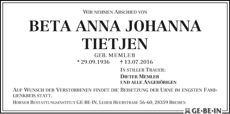 Traueranzeige von Beta Anna Johanna Tietjen von WESER-KURIER