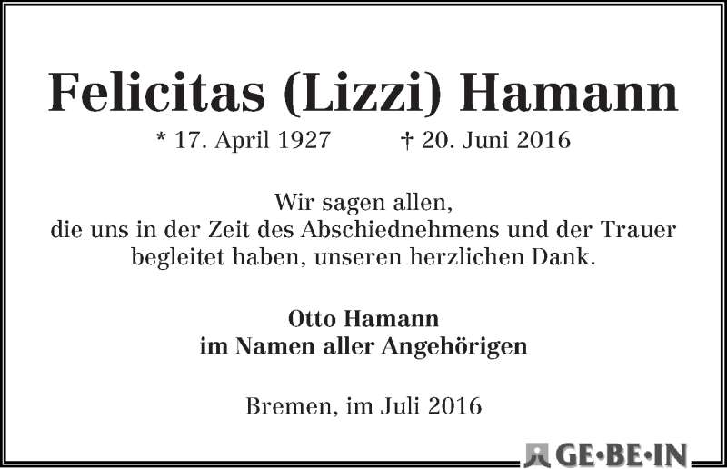 Traueranzeige von Felicitas  Hamann von WESER-KURIER