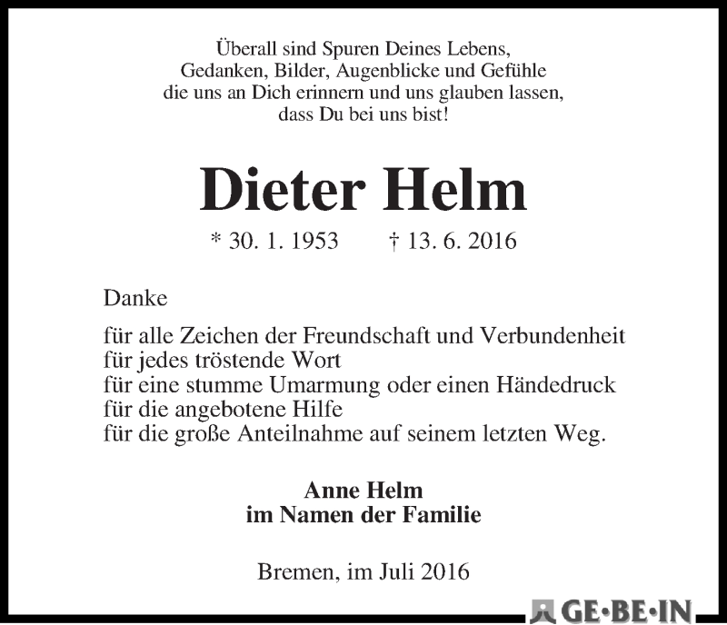 Traueranzeige von Dieter Helm von WESER-KURIER