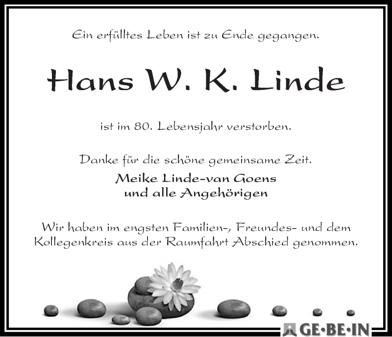 Traueranzeige von Hans W. K. Linde von WESER-KURIER