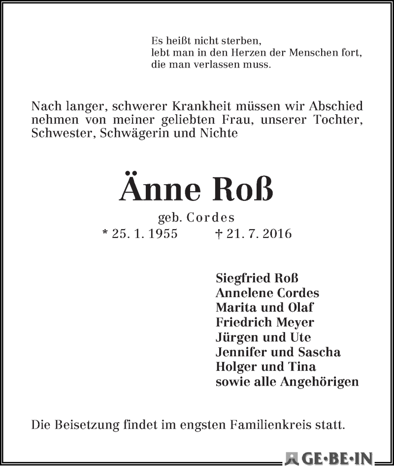 Traueranzeige von Änne Roß von WESER-KURIER
