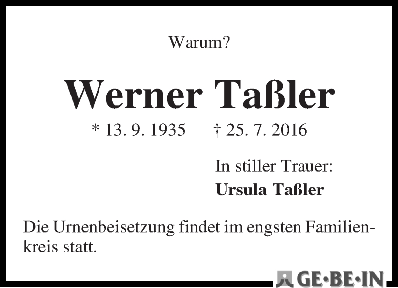 Traueranzeige von Werner Taßler von WESER-KURIER