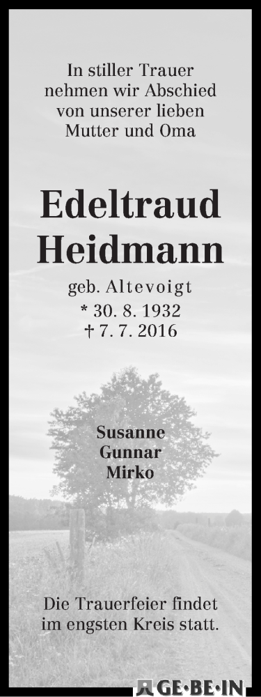 Traueranzeige von Edeltraut Heidmann von WESER-KURIER
