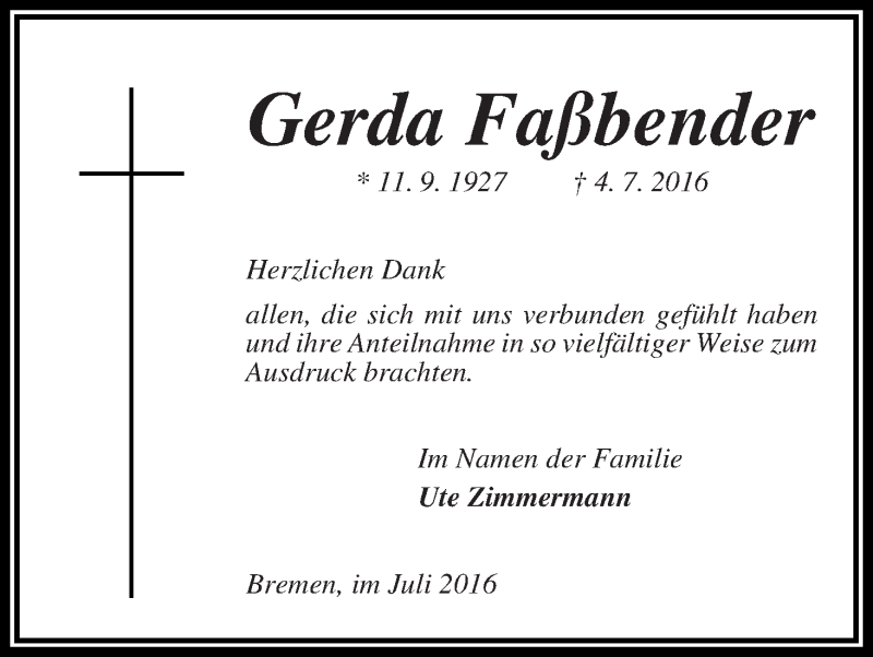 Traueranzeige von Gerda Faßbender von WESER-KURIER
