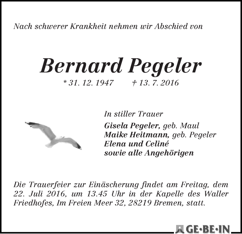 Traueranzeige von Bernard Pegeler von WESER-KURIER