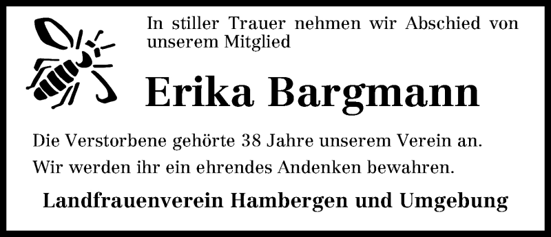 Traueranzeige von Erika Bargmann von Osterholzer Kreisblatt
