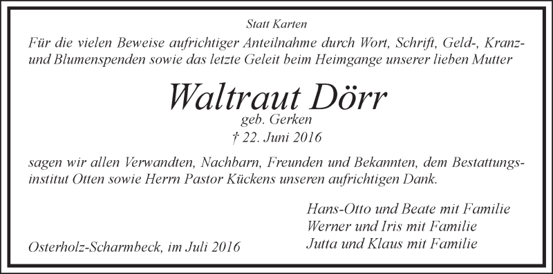 Traueranzeige von Waltraut Dörr von Osterholzer Kreisblatt