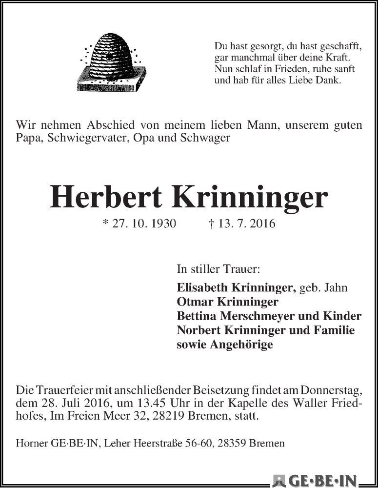 Traueranzeige von Herbert Krinninger von WESER-KURIER