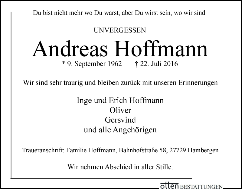 Traueranzeige von Andreas Hoffmann von Osterholzer Kreisblatt