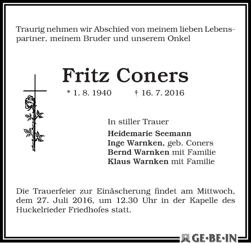 Traueranzeige von Fritz Coners von WESER-KURIER