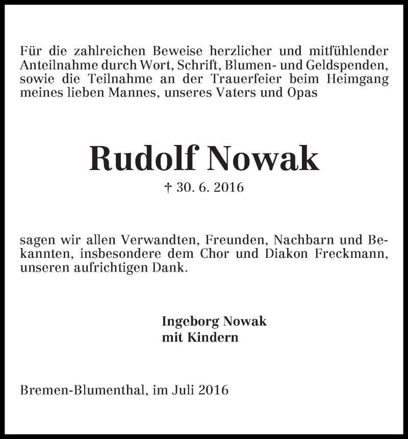 Traueranzeige von Rudolf Nowak von Die Norddeutsche