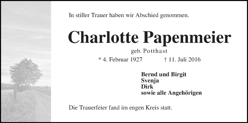 Traueranzeige von Charlotte Papenmeier von WESER-KURIER
