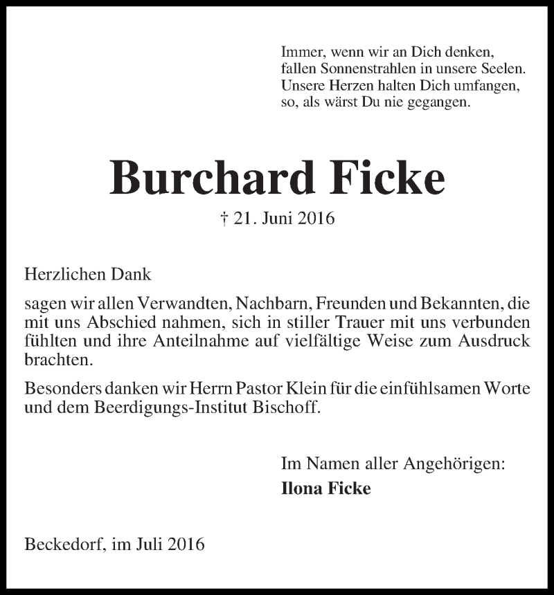 Traueranzeige von Burchard Ficke von Die Norddeutsche