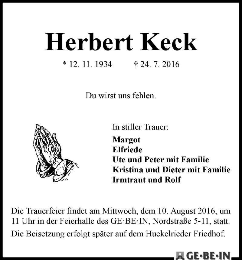 Traueranzeige von Herbert Keck von WESER-KURIER