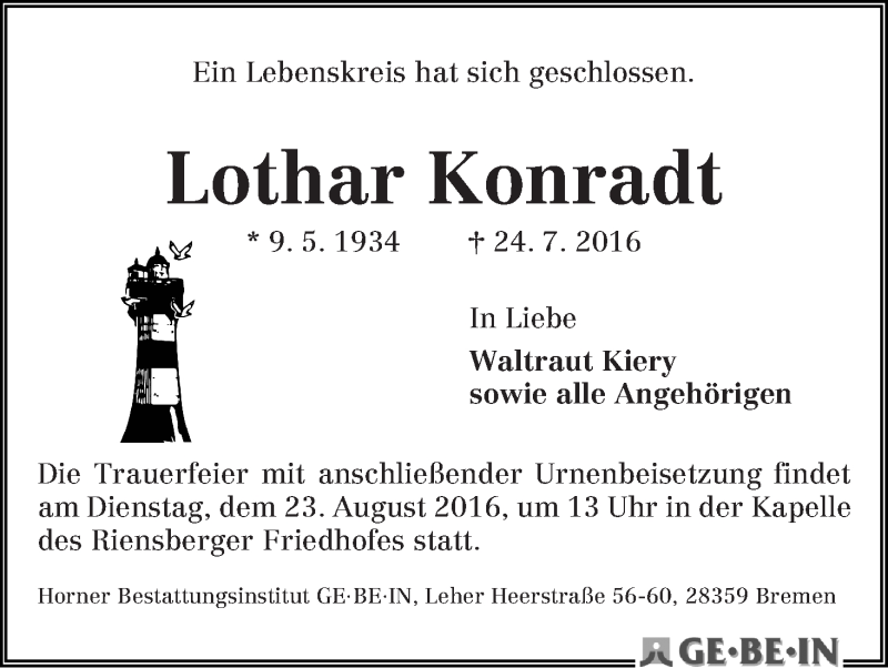Traueranzeige von Lothar Konradt von WESER-KURIER