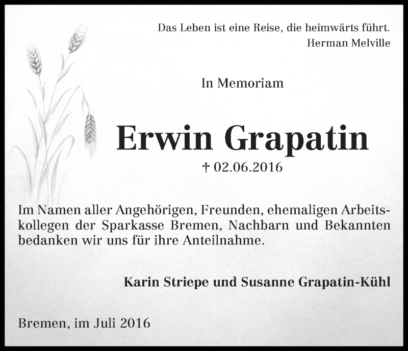 Traueranzeige von Erwin Grapatin von WESER-KURIER