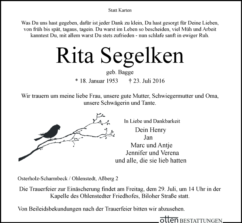 Traueranzeige von Rita Segelken von Osterholzer Kreisblatt
