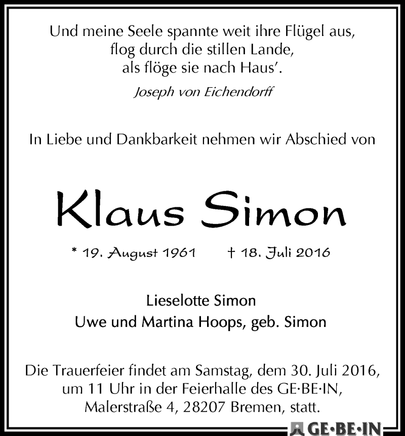  Traueranzeige für Klaus Simon vom 23.07.2016 aus WESER-KURIER