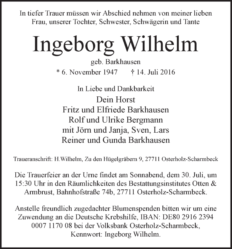 Traueranzeige von Ingeborg Wilhelm von WESER-KURIER
