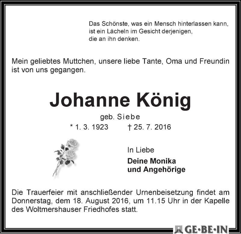 Traueranzeige von Johanne König von WESER-KURIER