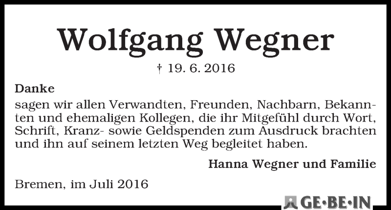 Traueranzeige von Wolfgang Wegner von WESER-KURIER