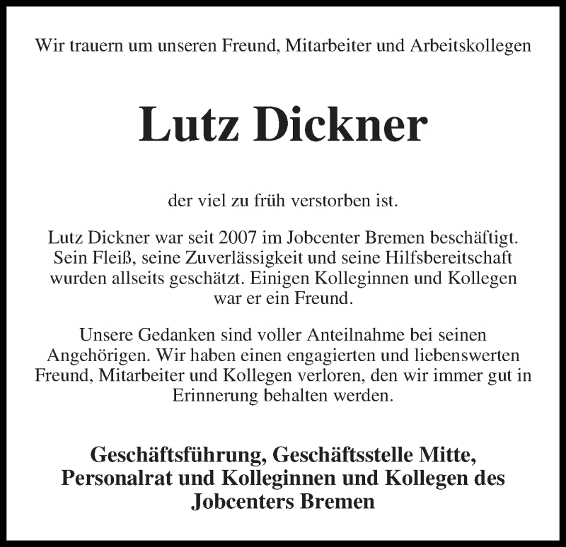  Traueranzeige für Lutz Dickner vom 23.07.2016 aus WESER-KURIER