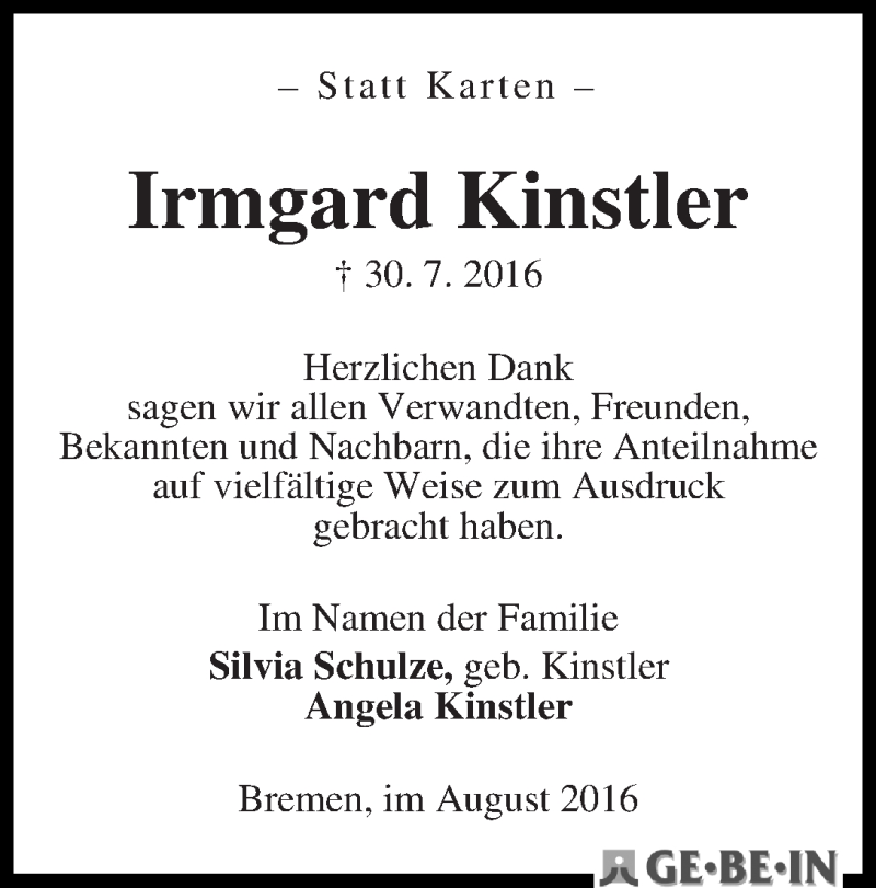 Traueranzeige von Irmgard Kinstler von WESER-KURIER