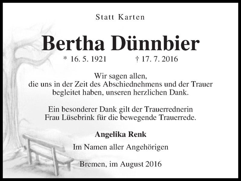 Traueranzeige von Bertha Dünnbier von WESER-KURIER