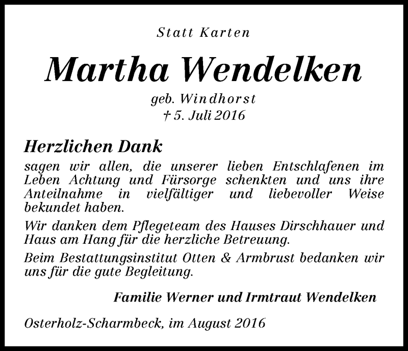 Traueranzeige von Martha Wendelken von Osterholzer Kreisblatt
