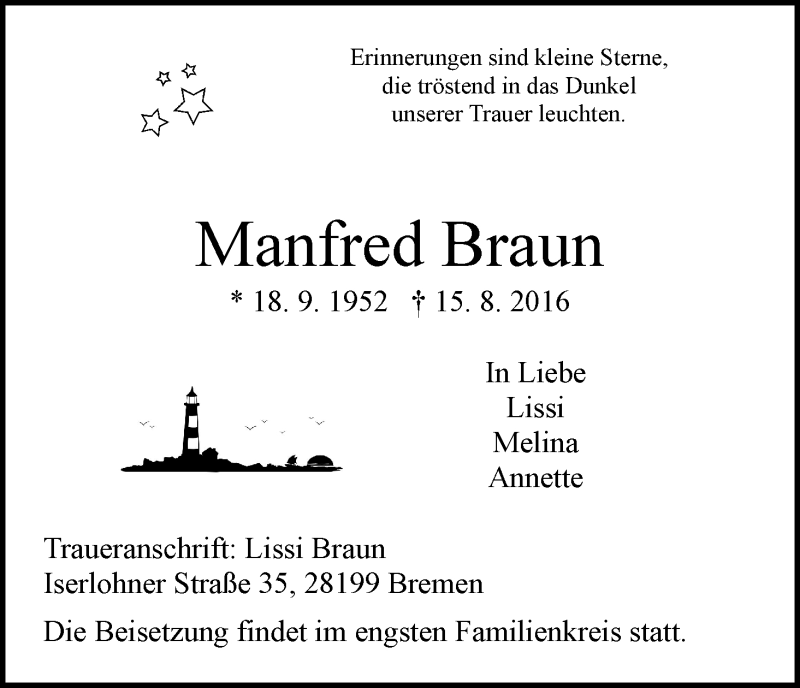 Traueranzeige von Manfred Braun von WESER-KURIER