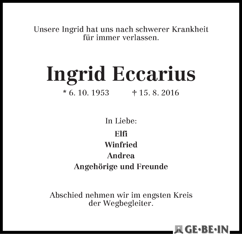 Traueranzeige von Ingrid Eccarius von WESER-KURIER