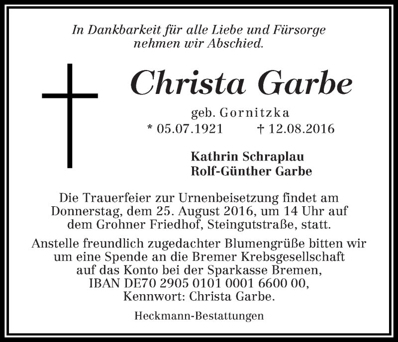 Traueranzeige von Christa Garbe von Die Norddeutsche