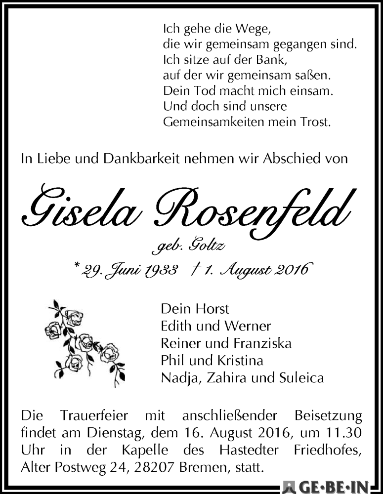 Traueranzeige von Gisela Rosenfeld von WESER-KURIER