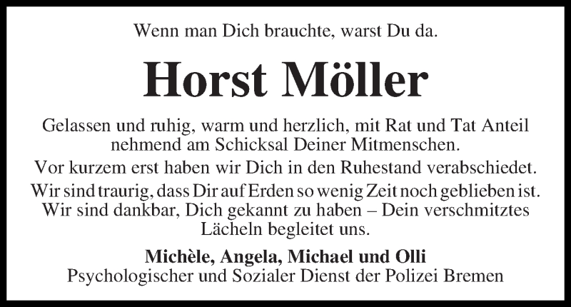 Traueranzeige von Horst Möller von WESER-KURIER