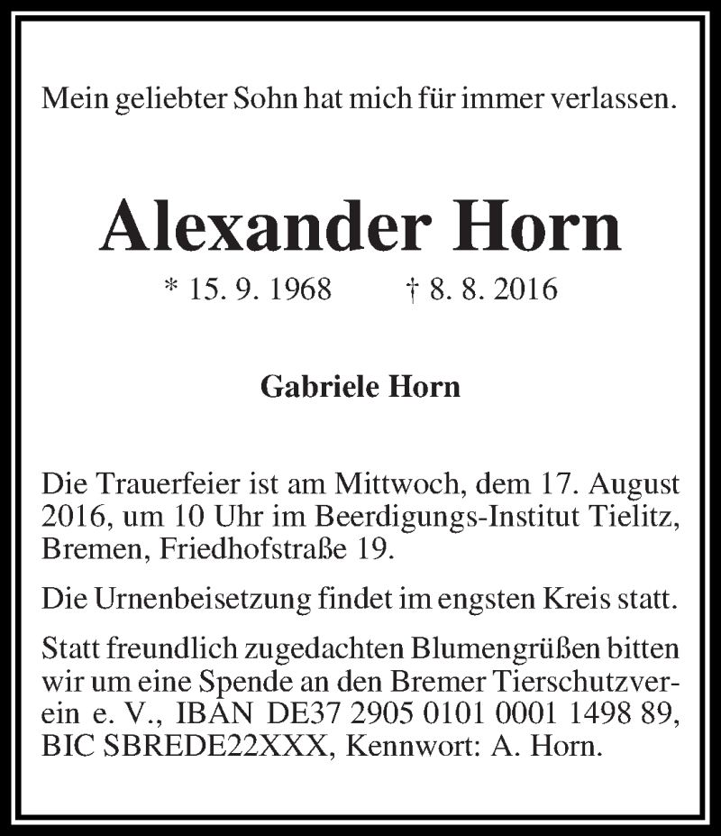 Traueranzeige von Alexander Horn von WESER-KURIER