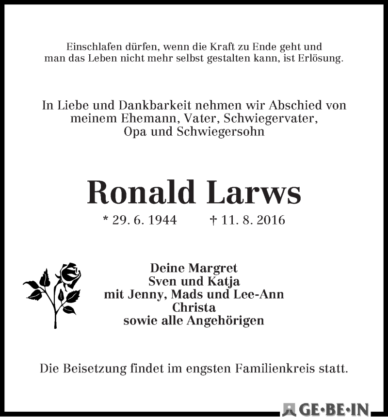 Traueranzeige von Ronald Larws von WESER-KURIER